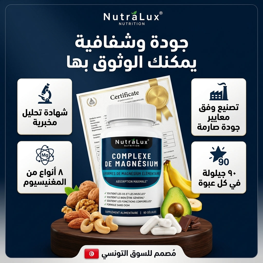 ماغنيسيوم كومبلكس 8 في 1 بتركيز (90 Gélules) – دعم شامل للنوم، الطاقة وتقليل التوتر